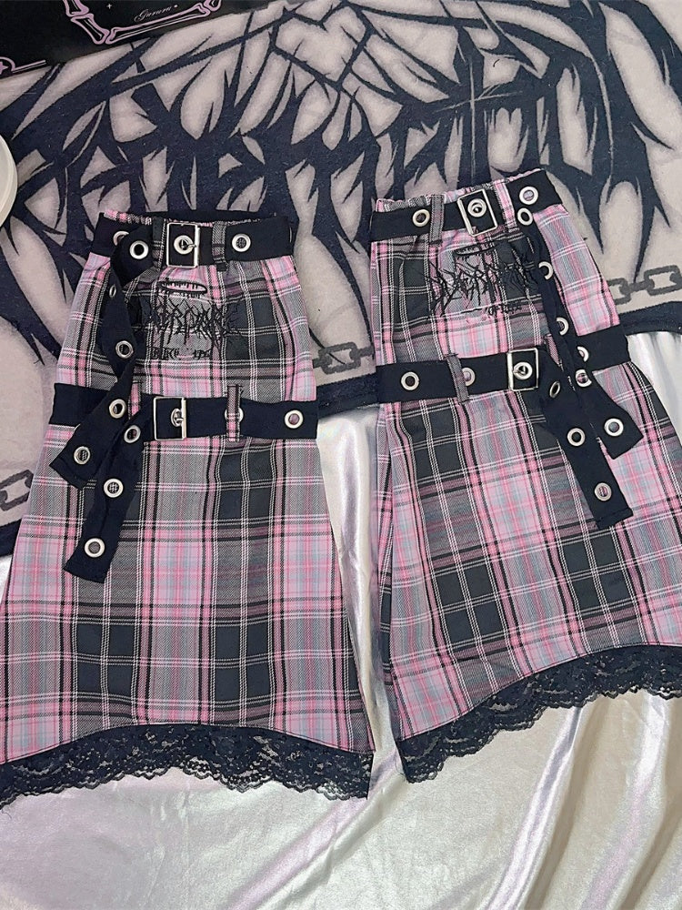 ブラック＆ホワイト/ピンク/ブルー/ブラック＆グレーのチェック柄レッグウォーマー（バックルストラップ付き）