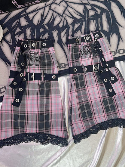 ブラック＆ホワイト/ピンク/ブルー/ブラック＆グレーのチェック柄レッグウォーマー（バックルストラップ付き）