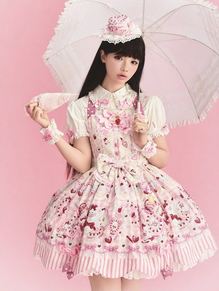 Ivory Short Sleeve Sweet Lolita Ruffled Blouse with Rose Polka-dot Bows - Pastry Chef