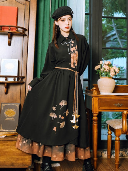 Placket Shirt Ginkgo Panel Orange Cheongsam Button-Down Black Gothic with