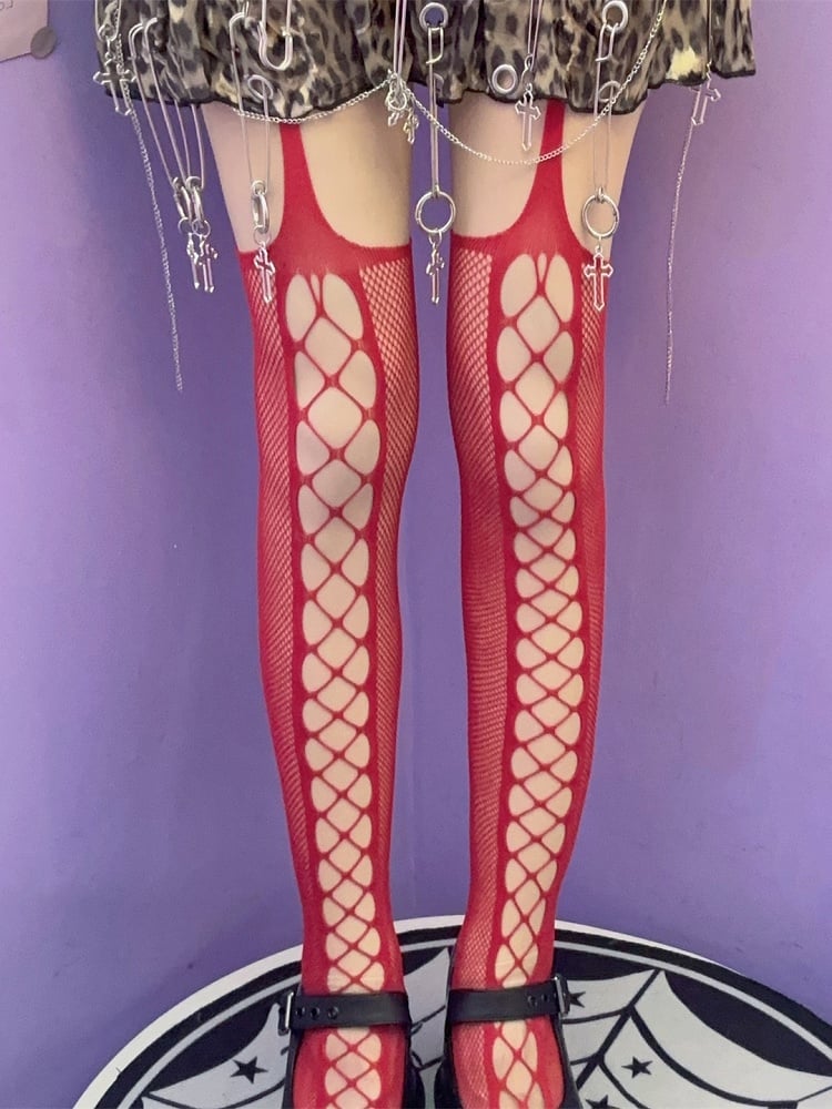 Cut-out Rock Schwarz/Rot/Weiß Strapsstrümpfe Punk Design