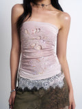 Lace Floral Embroidered Bustier Top Pink Underlay Cutouts with