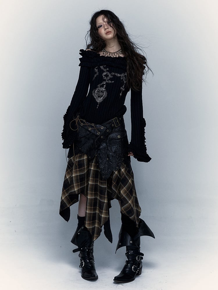 Corset Dress/Skirt: PU Studded Black 2-in-1 Hem Plaid Handkerchief Convertible Strapless