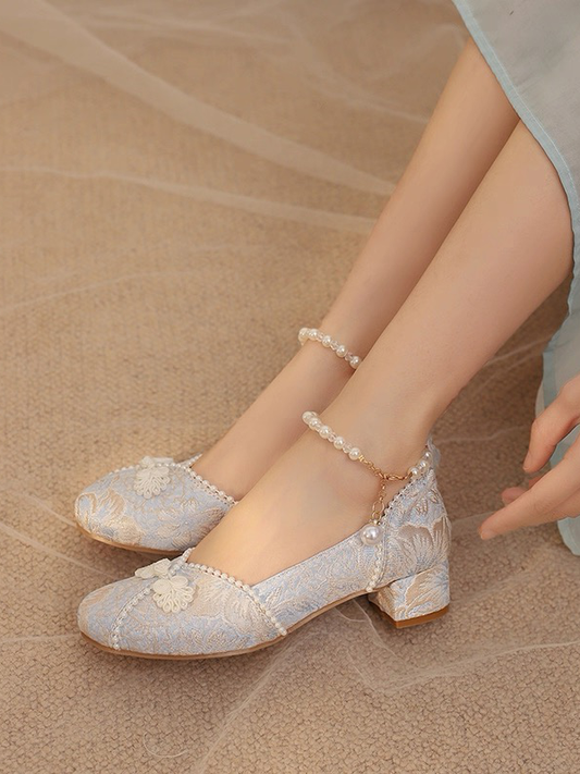 Knopf - Details Satin Perlen Akzent Lolita Qi Mittelblau Heels Frosch