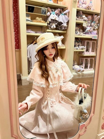 Clean Kei Lacing Jirai Dress Cape Waist Innocent Wool with Thick Style Pink