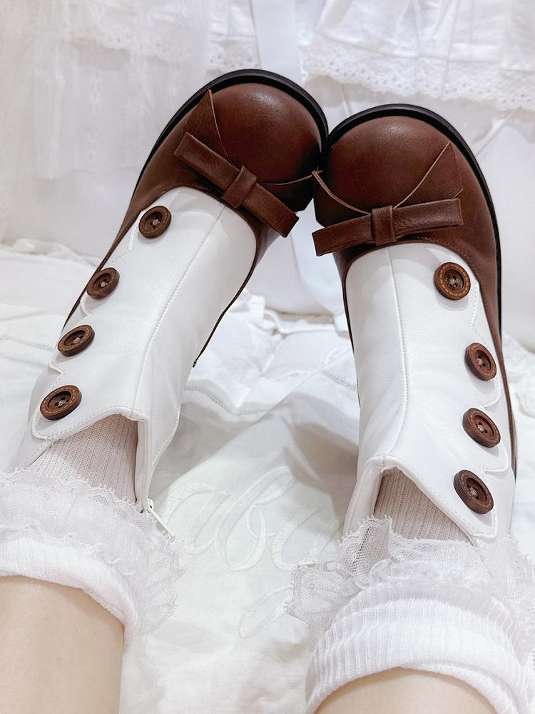 Decorative White Heel Design Lolita Classic Mid with Boots- Brown Buttons