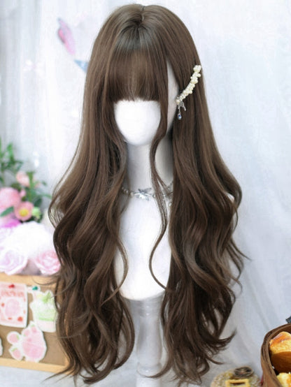 Braune, hüftlange, gewellte Perücke mit vollem Pony, 70 cm