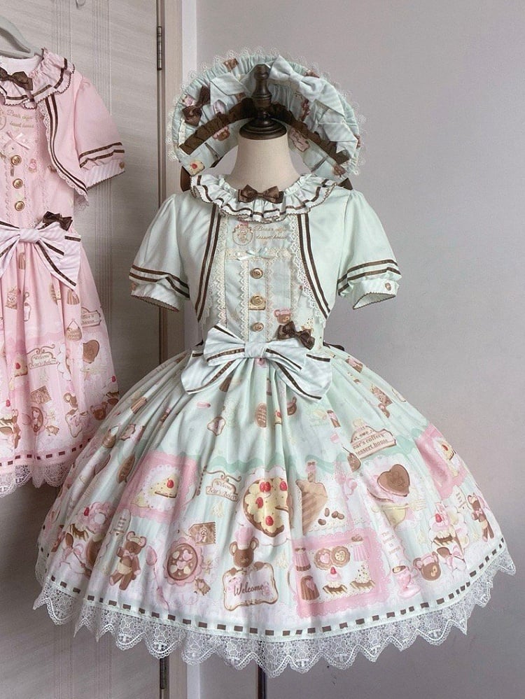 Grüne süße Minze Lolita Thema Desserts zweiteilige Print Kleid gefälschte Design Bär