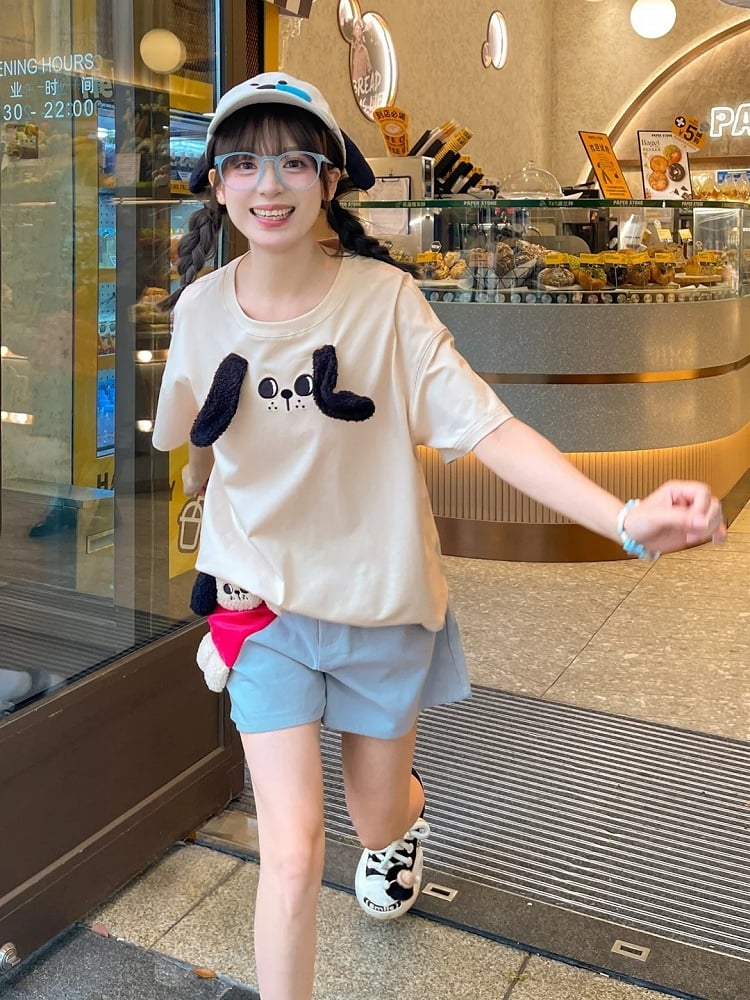 T-Shirt Plüsch Welpenohren Locker Beige Rundhals