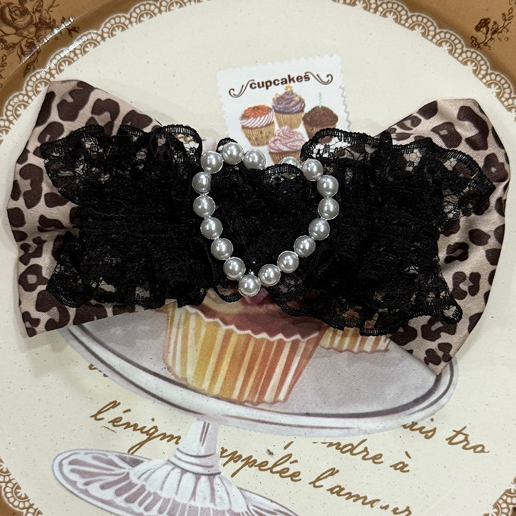 Pattern Pink/Black Leopard Beaded Bowknot Heart Decorated Hairclip