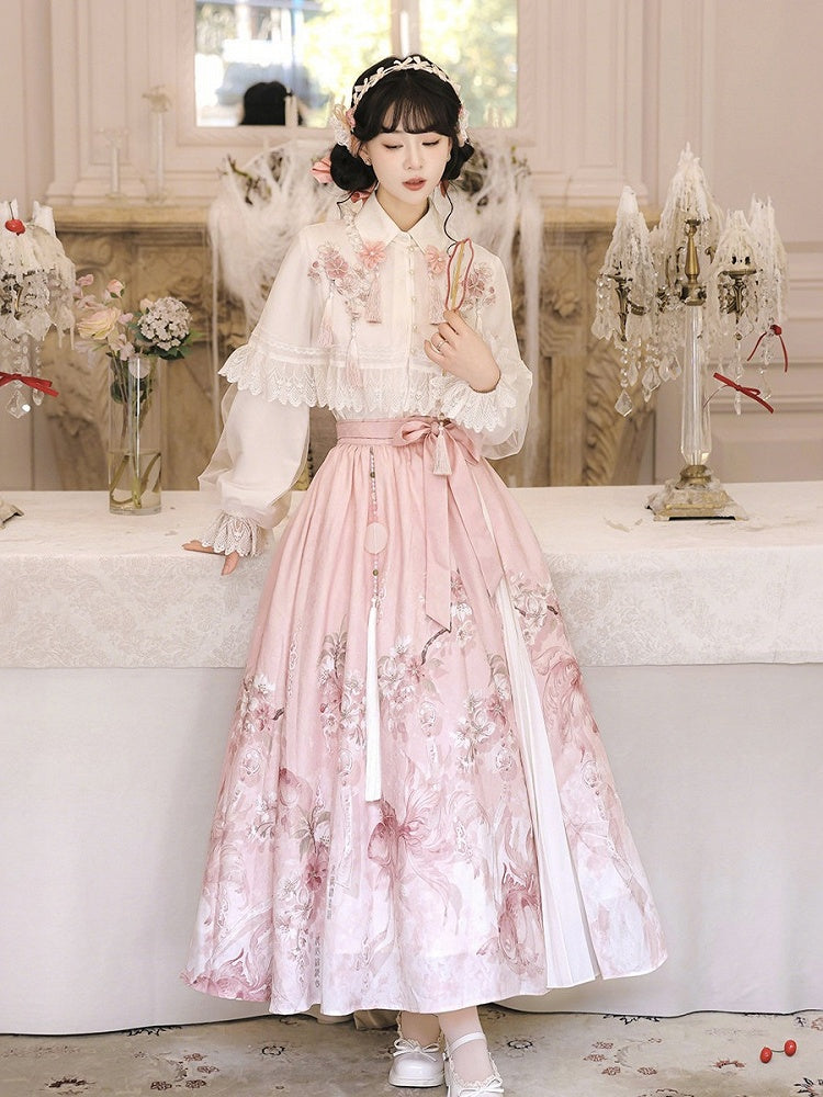 Pink and White Chinese-Style Long-Sleeved Top Set with Floral Print Skirt and Lace-Trimmed Chiffon Cape - Han Ru Chu Hanfu &amp; Han-Element Studi