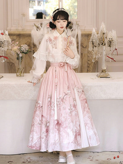 Pink and White Chinese-Style Long-Sleeved Top Set with Floral Print Skirt and Lace-Trimmed Chiffon Cape - Han Ru Chu Hanfu &amp; Han-Element Studi