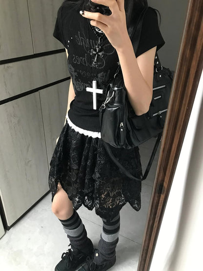 Alt Lace T-shirt Black Everyday with Trim