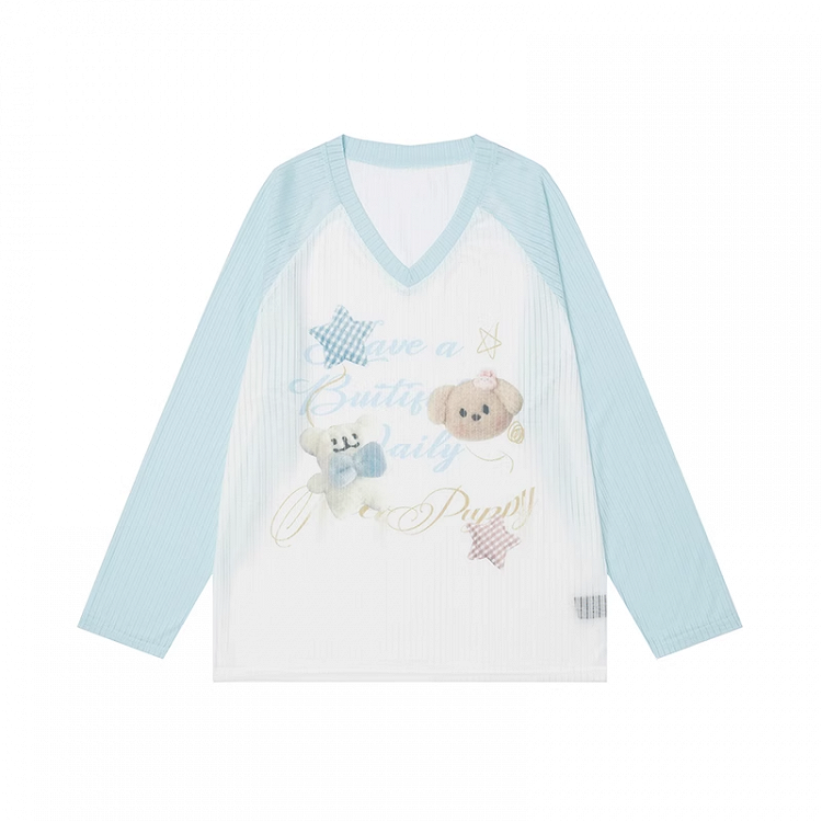 Print Blue Colorblock Bear Design V-Neck Cute Semi-Sheer Coverup