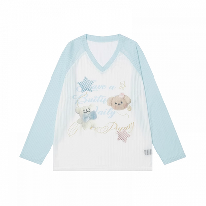 Print Blue Colorblock Bear Design V-Neck Cute Semi-Sheer Coverup
