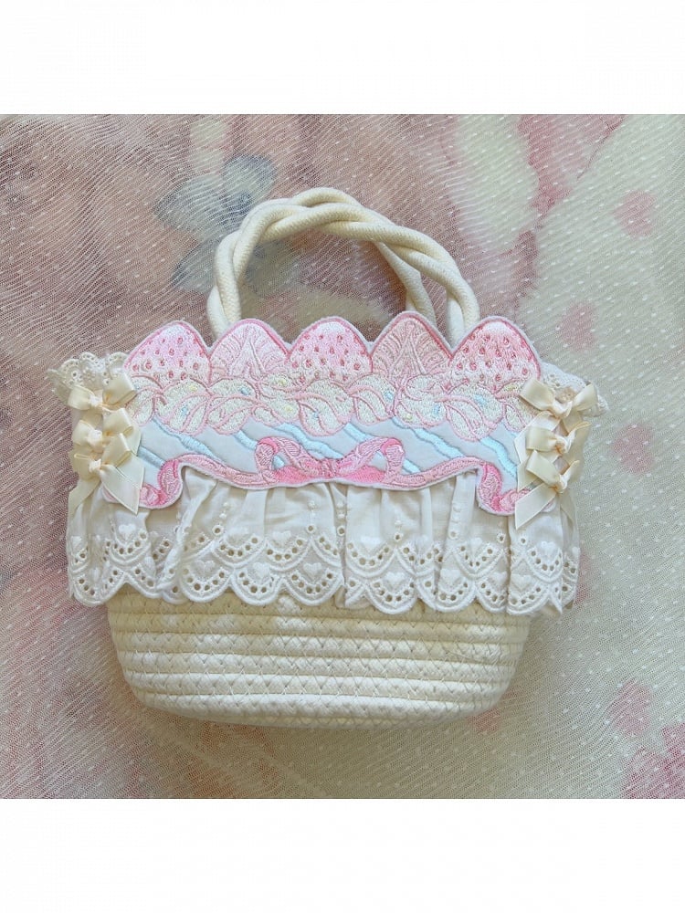 Beige & Pink Lolita Handbag with Strawberry Embroidery - wawao good night bear