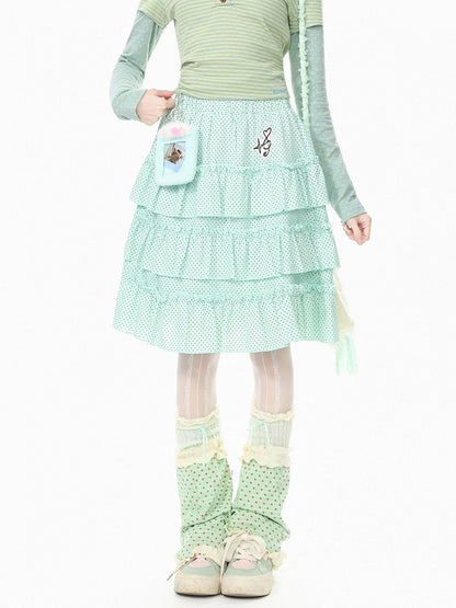 Green Embroidered Detail Polka Dot Ruffle Tiered Skirt Design - Languid Park