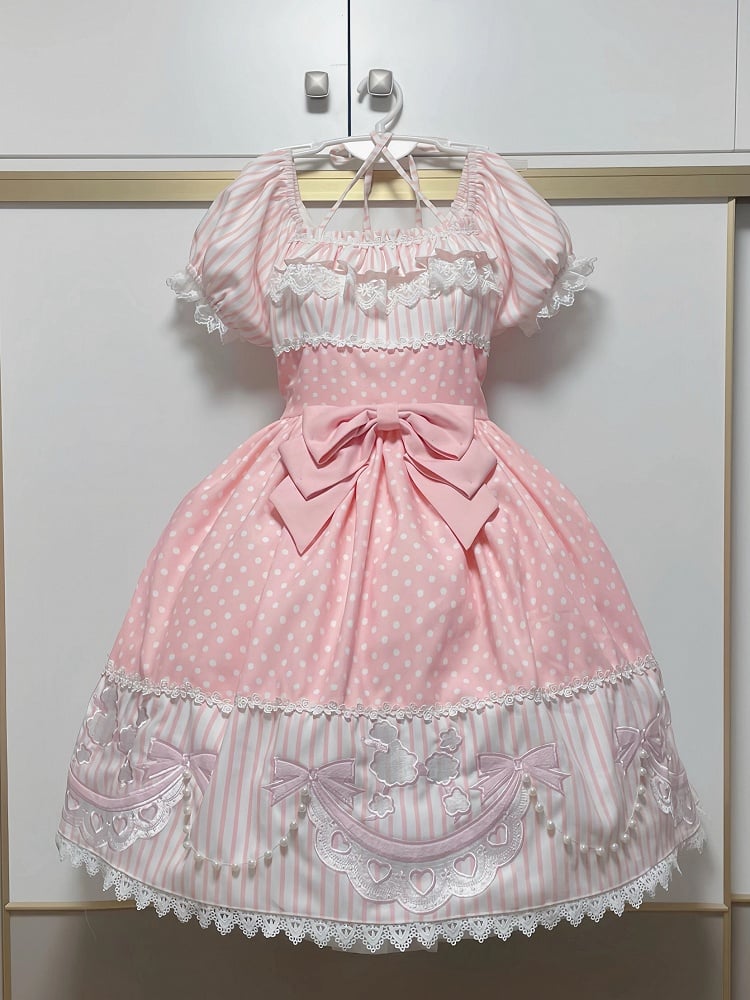 Print Polka Short Pattern Dots Pudel Pink Gestreifte Lolita-Ärmel mit Kleidschleife und Aufnäher