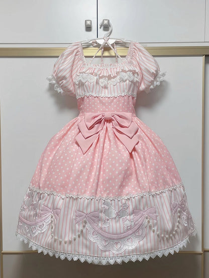 Print Polka Short Pattern Dots Pudel Pink Gestreifte Lolita-Ärmel mit Kleidschleife und Aufnäher
