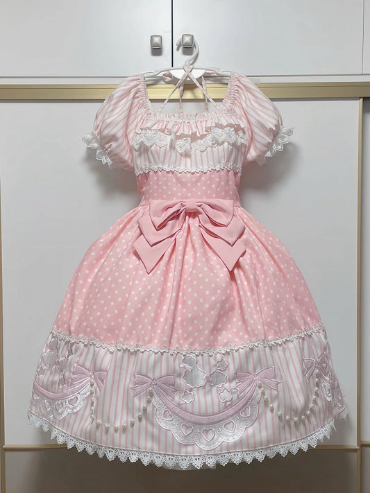 Print Polka Short Pattern Dots Pudel Pink Gestreifte Lolita-Ärmel mit Kleidschleife und Aufnäher