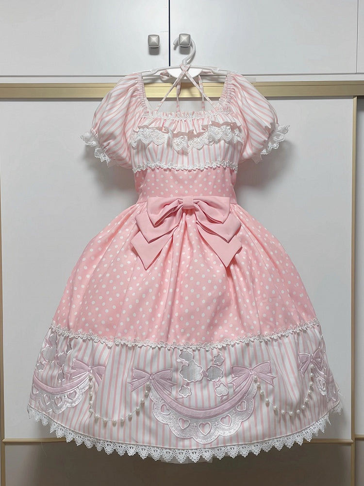 Polka Dot & Striped Pink Lolita Short Sleeve Dress with Poodle Patch - Infanta