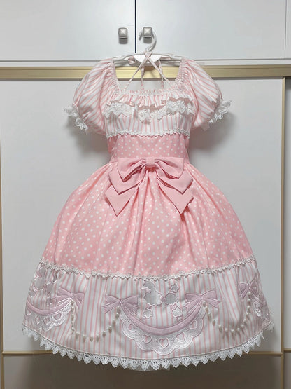 Polka Dot & Striped Pink Lolita Short Sleeve Dress with Poodle Patch - Infanta