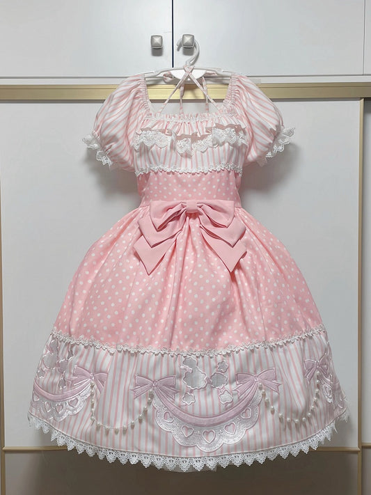 Robe Lolita rose à pois et rayures, manches courtes, avec patch caniche - Infanta
