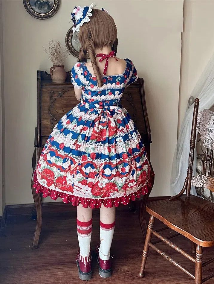 Blue Strawberry High Waist Sweet Lolita Dress