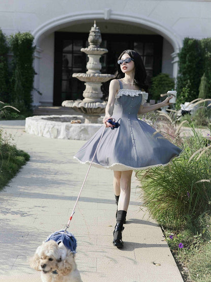 Fit Fashion Taille Lolita Grau Kleid Elegant Slim