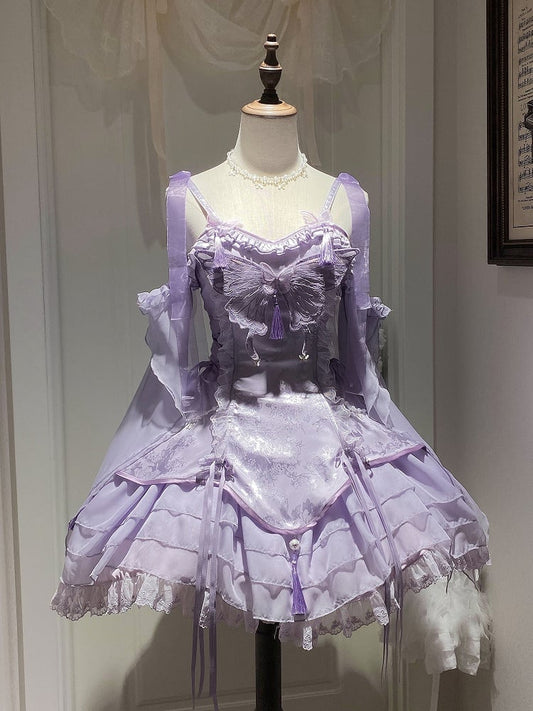 Sleeves with Fairy and Decorated Lolita Tassels Butterfly Ruffle Purple Cascading Jumper Skirt