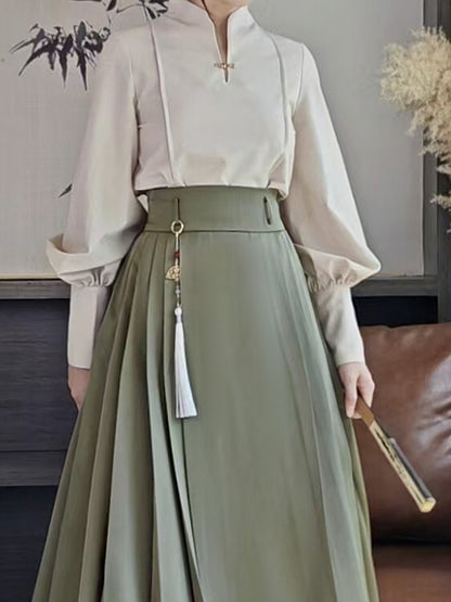 Balloon Blouse Beige Sleeves Snap Style Chinese with Fastener