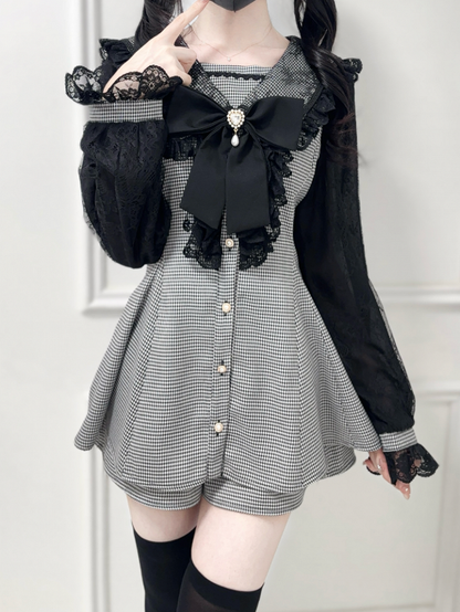 Kei Mesh Set: Jirai Sailor Houndstooth Black Mini Dress Sleeves