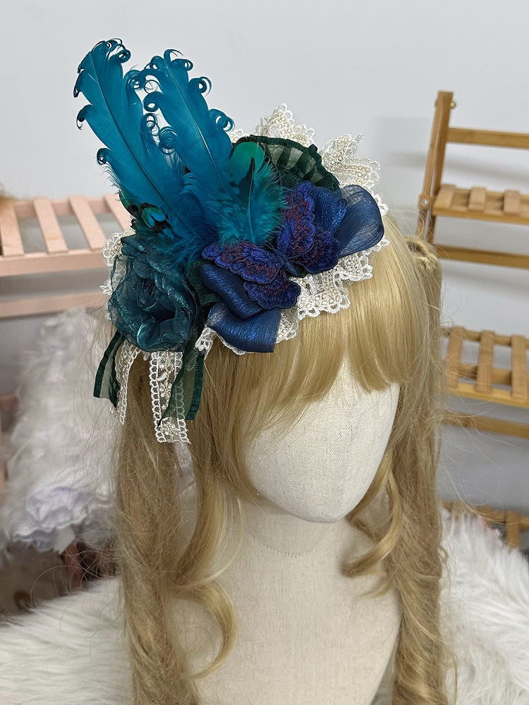 Green Butterfly Lace Trim Black/White Feather Peacock Mini Hat