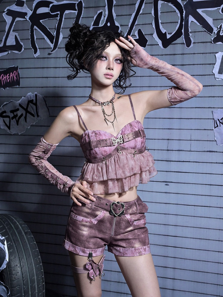 Pink Rhinestone Harness Butterfly Punk Belt Pastel Dusty Detachable Shorts Denim Leg Y2K with