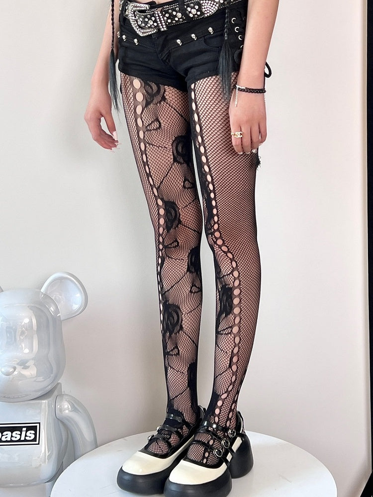 Black/White/Brown Cut-out Floral Tights Y2K Pattern Design