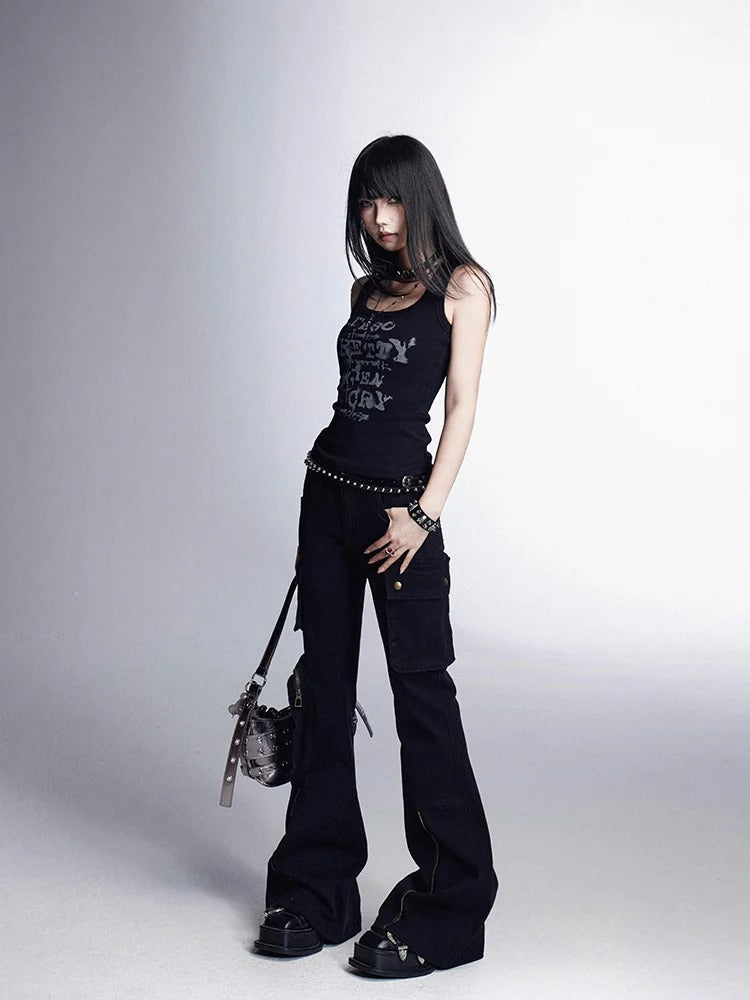 Schwarzes Vintage-Tanktop mit Buchstabendruck und schmaler Passform, glamourös