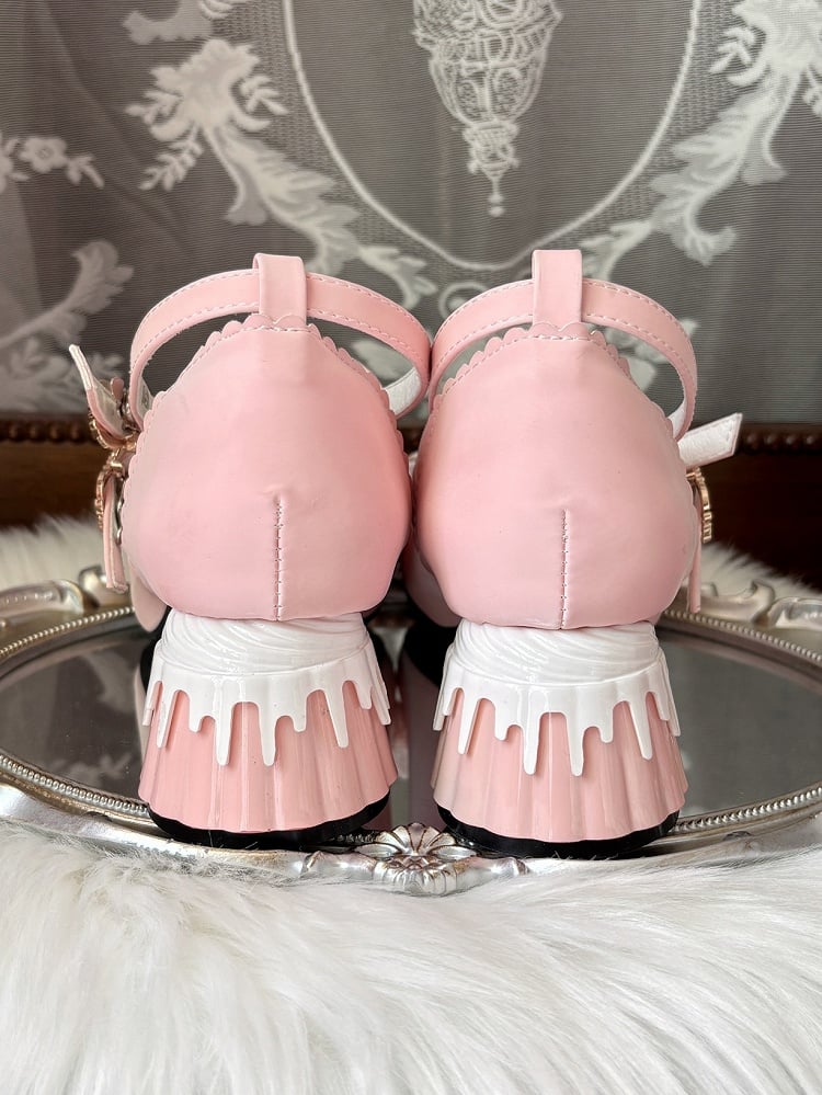 with Lolita - Heel at Trim Toe Cute Details Lace Pudding Janes Pink Top Bow Sweet Style Pumps Round Mary