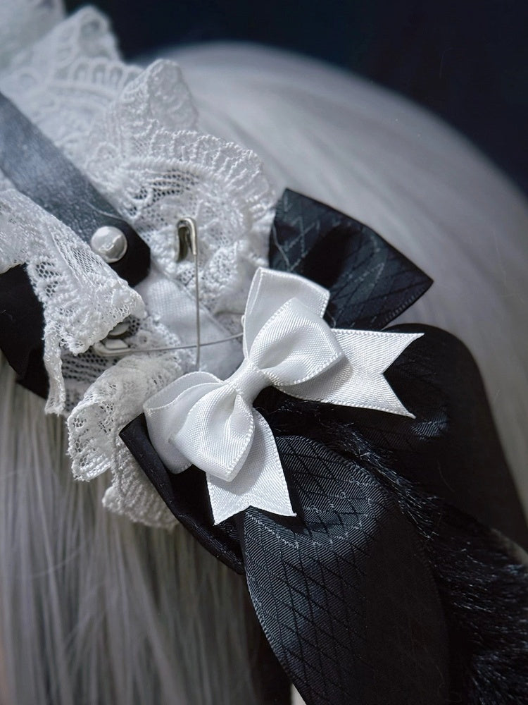 Alternative Leather Black Bunny Plush Ear Style Strap with White Droopy Dark Lace KC
