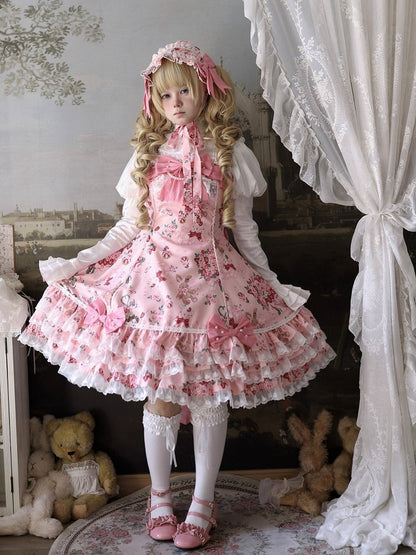 Trim Pink Floral Sweet Dress Lace Bow Lolita Accents Bunny and with Print