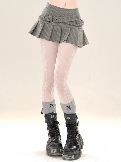 バックルストラップ クロススカート ミニ グレー ストライプ プリーツ