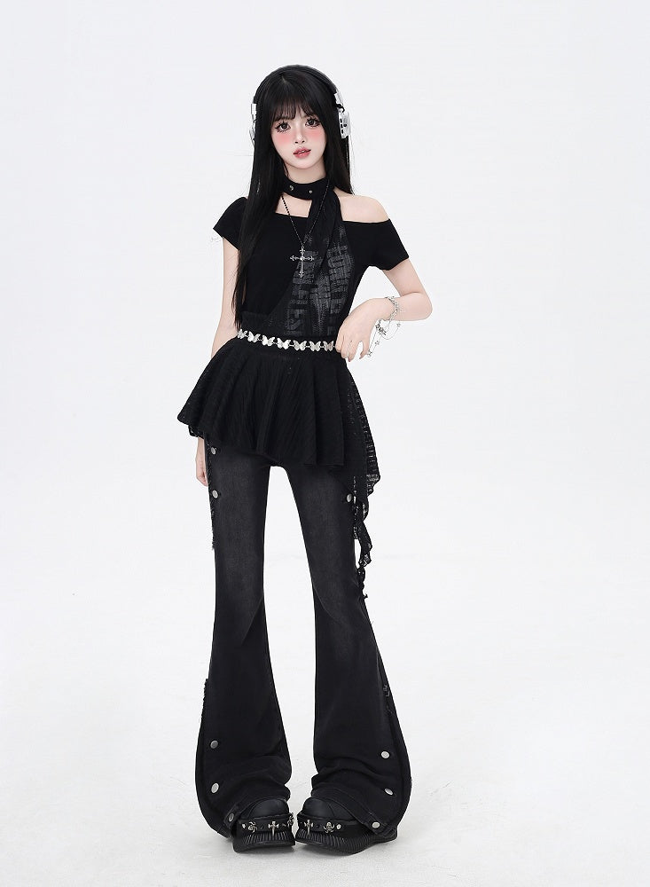 and All-in-one Hem Mini Punk Dress Choker Glamorous Black Asymmetrical Neckline and