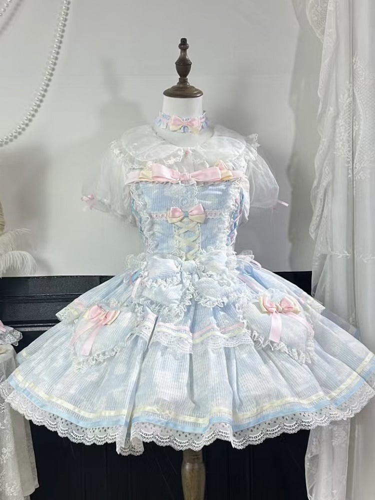 Fabric Decoration Skirt Rosette Blue Padded Jumper Lolita and Heart Bow