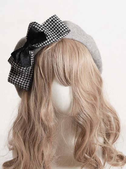 4 Color Options Lolita Detachable Houndstooth Bowknot Beret