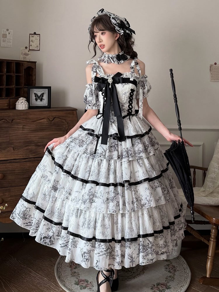 Elegant Hanayome-Style Black & White Porcelain-Inspired 120CM-Length Lolita Princess Dress - Sleepless Star