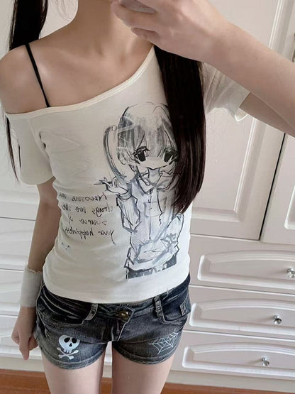 Anime Printed Off-Shoulder Short Sleeve Top - Corner cat
