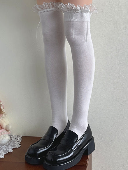 Stockings Over-Knee Lace White/Black Decorated Lolita Bowknot Trim