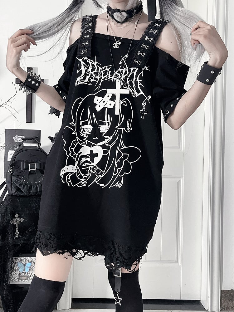 Print Gothic Black Off-Shoulder Subculture Cross-Buckle StrapsAnime Topwith Girl
