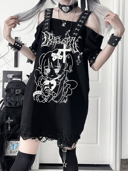 Print Gothic Black Off-Shoulder Subculture Cross-Buckle StrapsAnime Topwith Girl