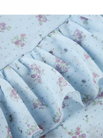 Top Holiday Trim Floral Bowknot + Details Cami Ruffles Blue