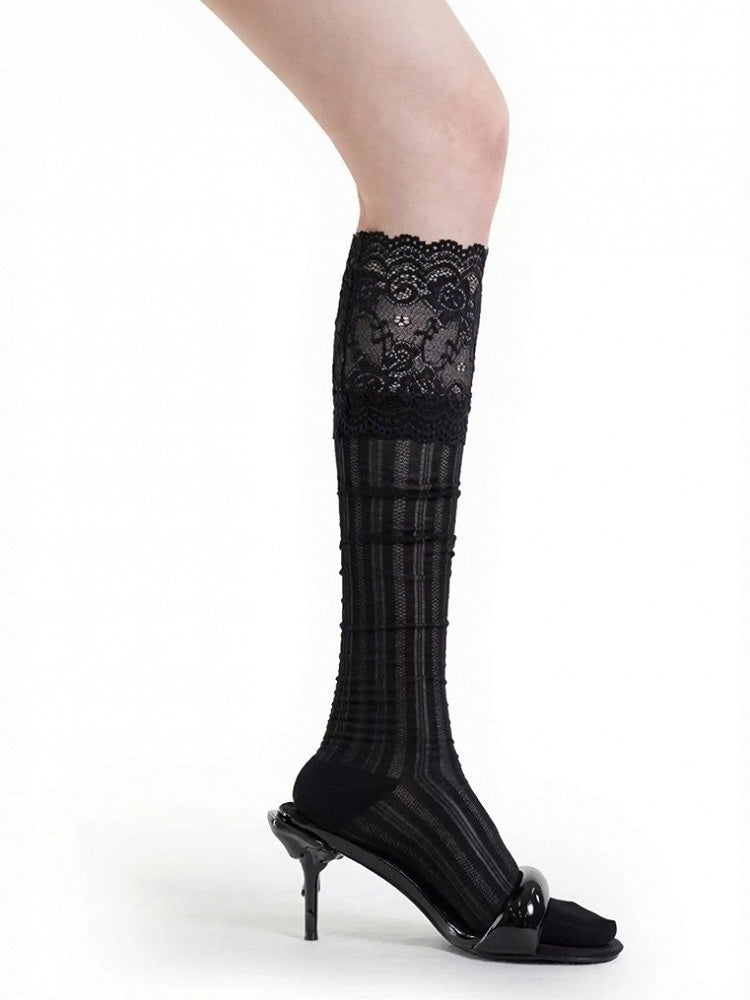 4-Color Lace Trim Calf Socks with Stripe Pattern - ModaSwings